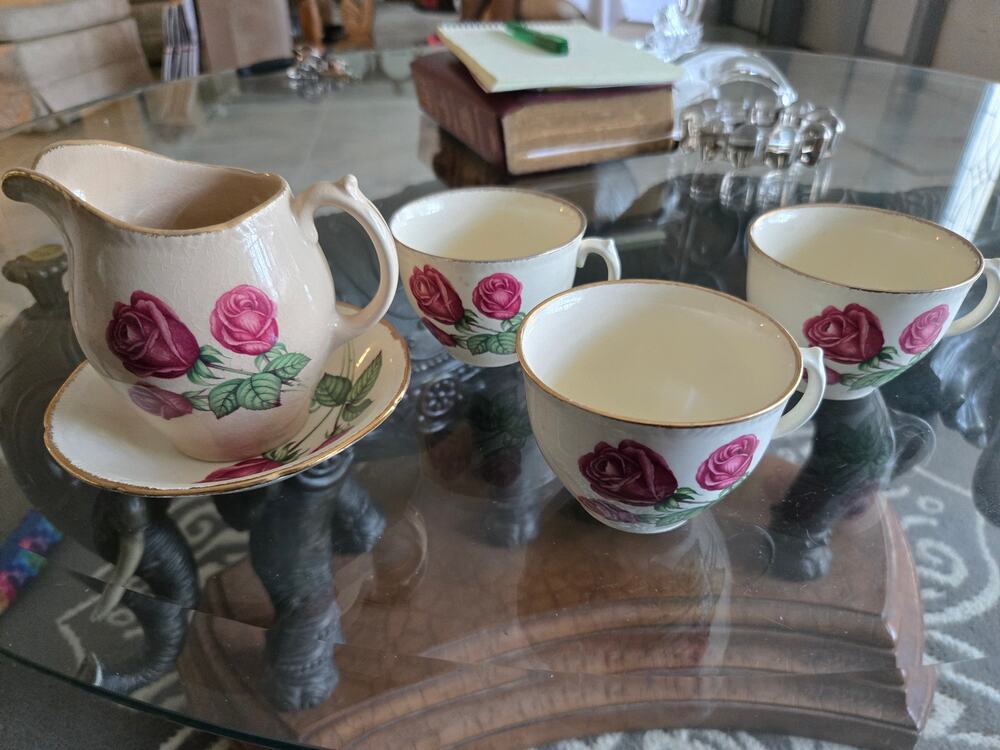 Vintage Staffordshire Royal Swan Teacup, Creamer, Saucer, "Anniversary Rose"